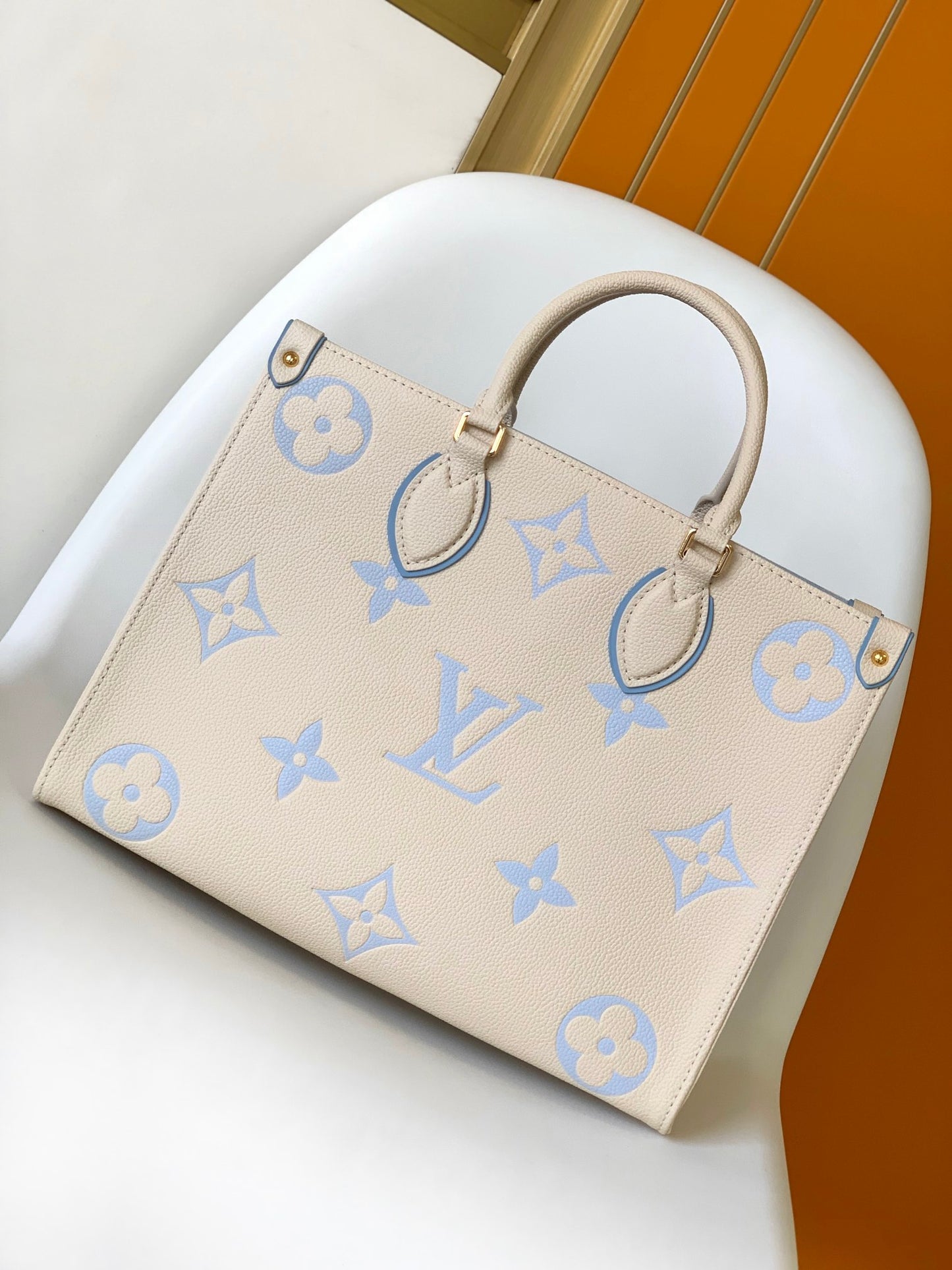 Louis Vuitton OnTheGo MM Monogram Empreinte Leather Tote Bag - Cream/Blue