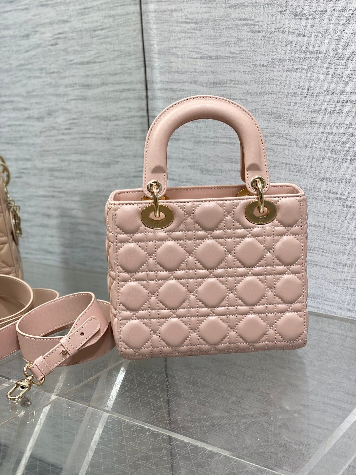 Dior Light Pink Quilted Leather Handbag with Top Handle and Gold Hardware