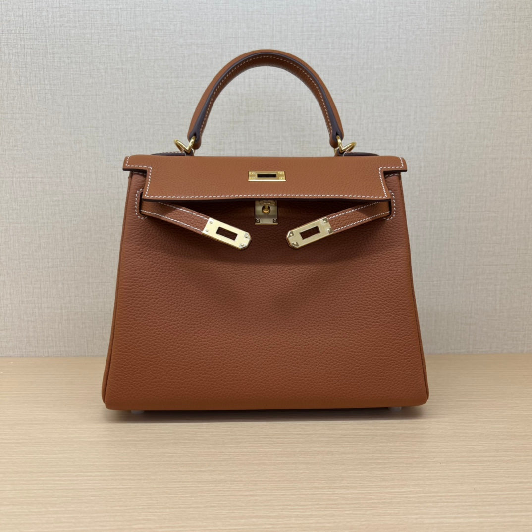 Classic Tan Leather Top Handle Handbag - Structured Luxury Satchel with Gold Hardware