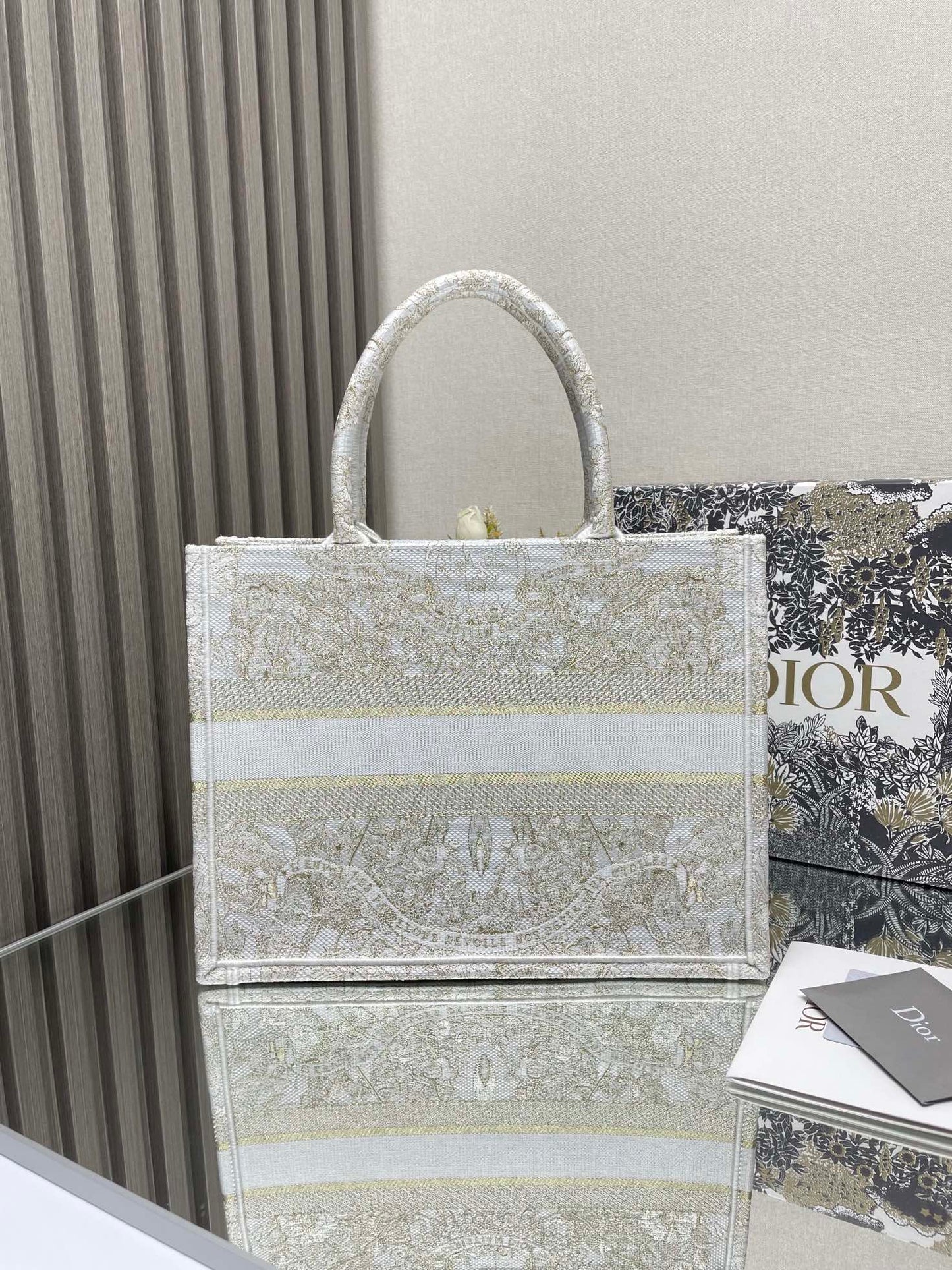 Christian Dior Large Book Tote - White and Gold Embroidered Canvas