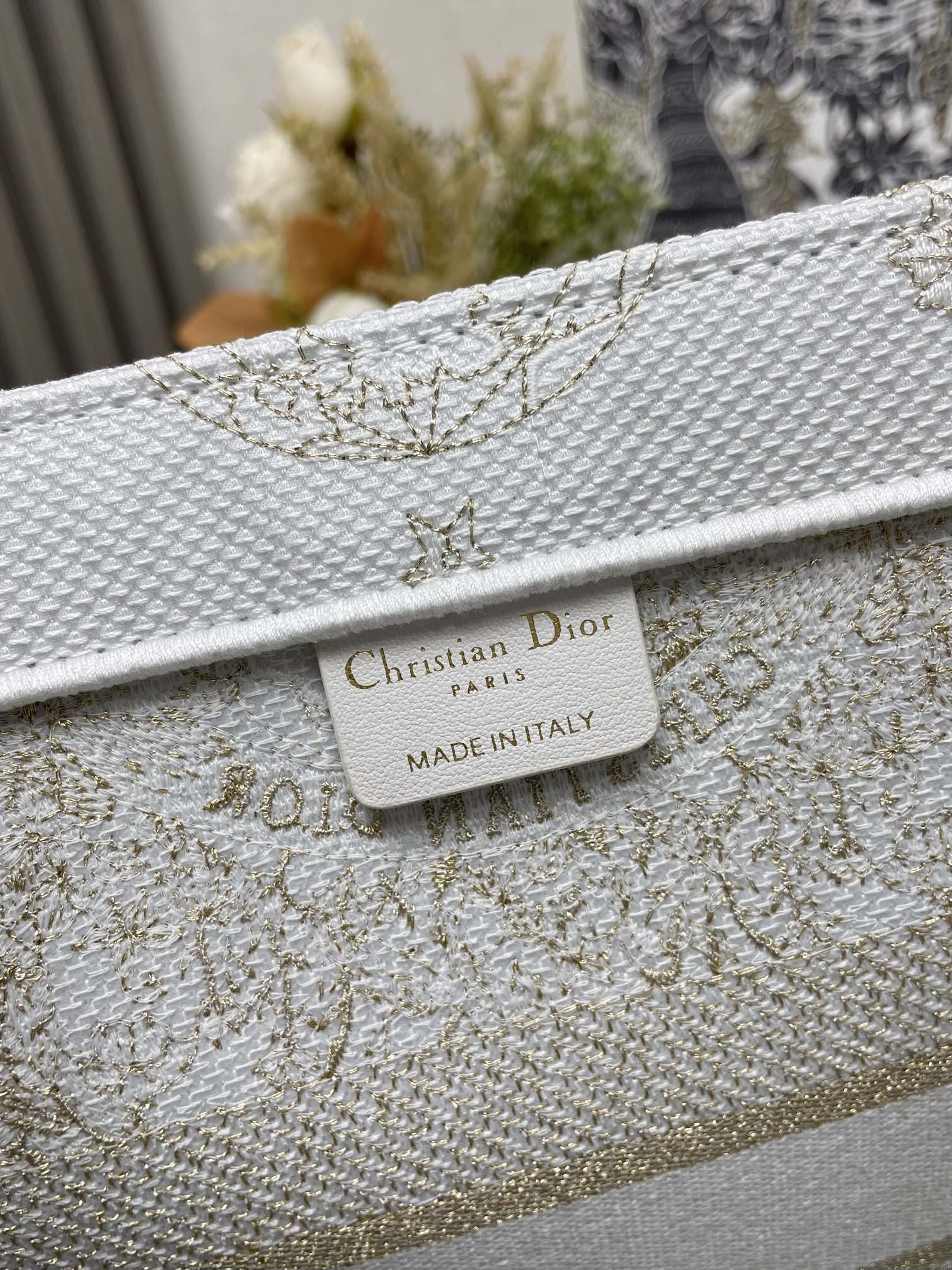 Christian Dior Large Book Tote - White and Gold Embroidered Canvas