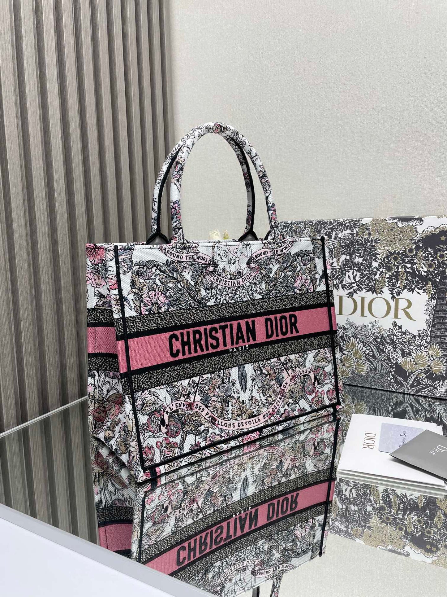 Christian Dior Medium Book Tote - Grey, White, and Pink Toile de Jouy Embroidery