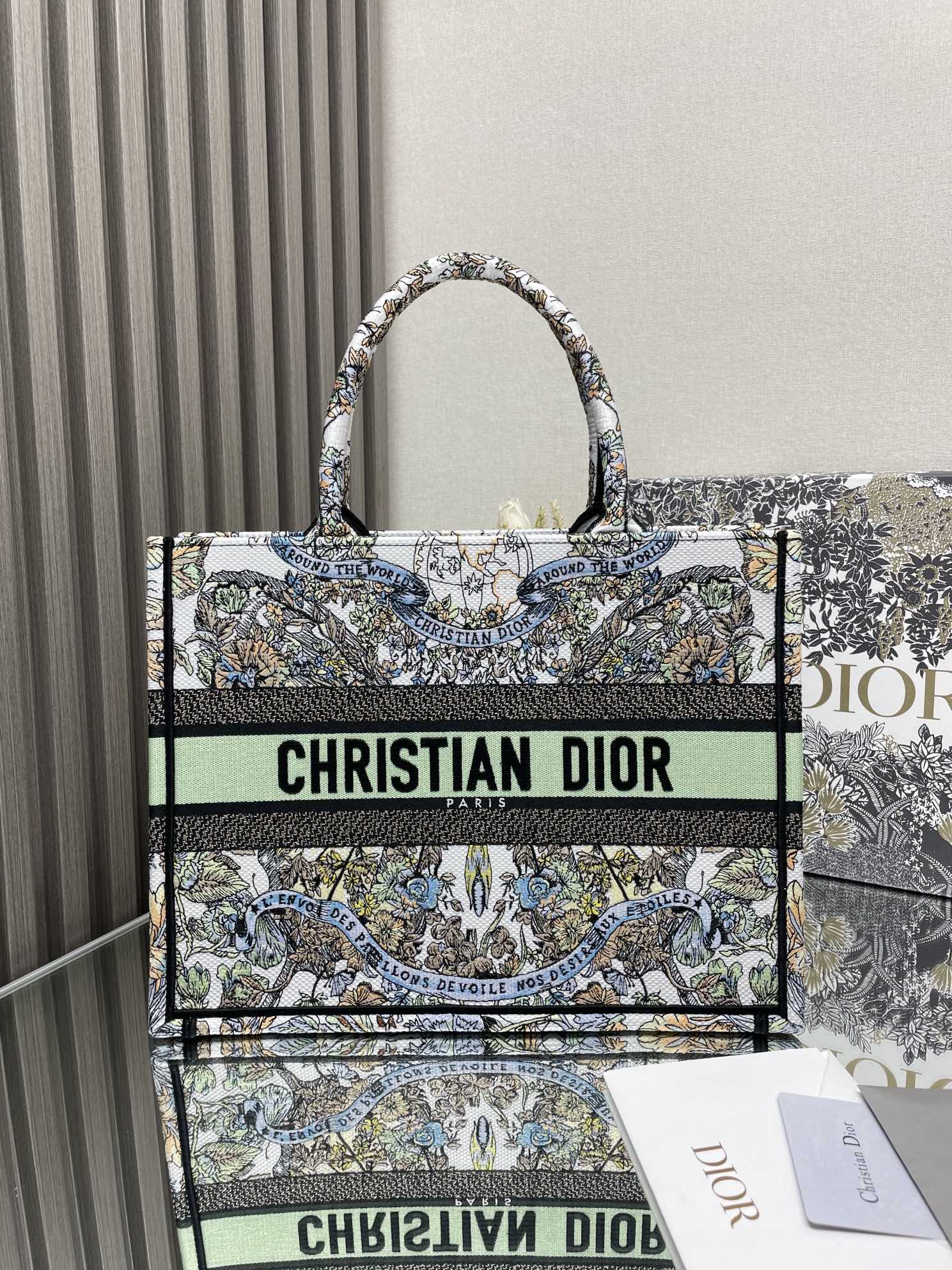Dior Vintage Style Floral Embroidered Canvas Tote Bag with Top Handles
