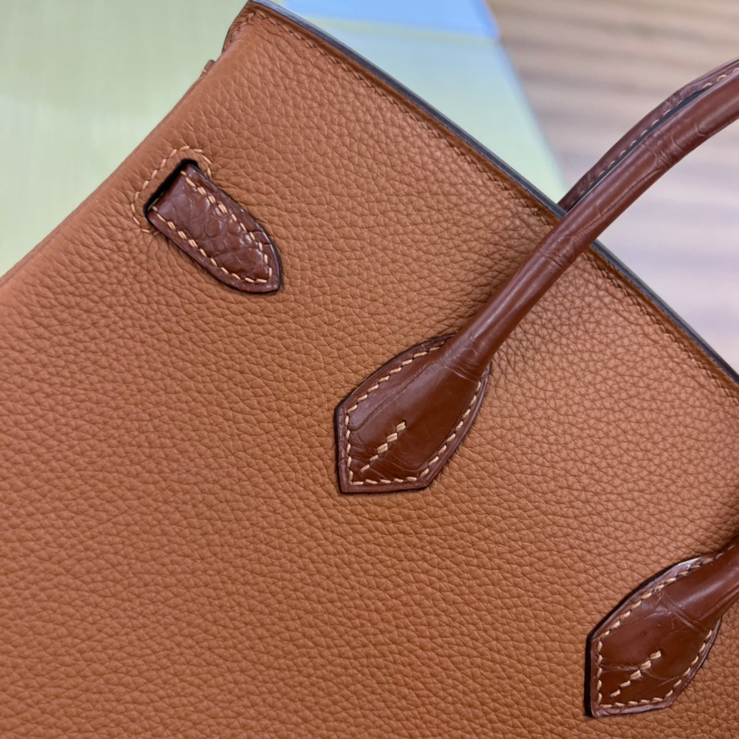 Elegant Brown Leather Top Handle Handbag with Crocodile Texture Accents