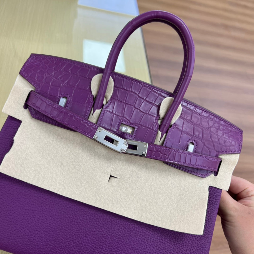 Elegant Purple Leather Top Handle Handbag with Silver Hardware