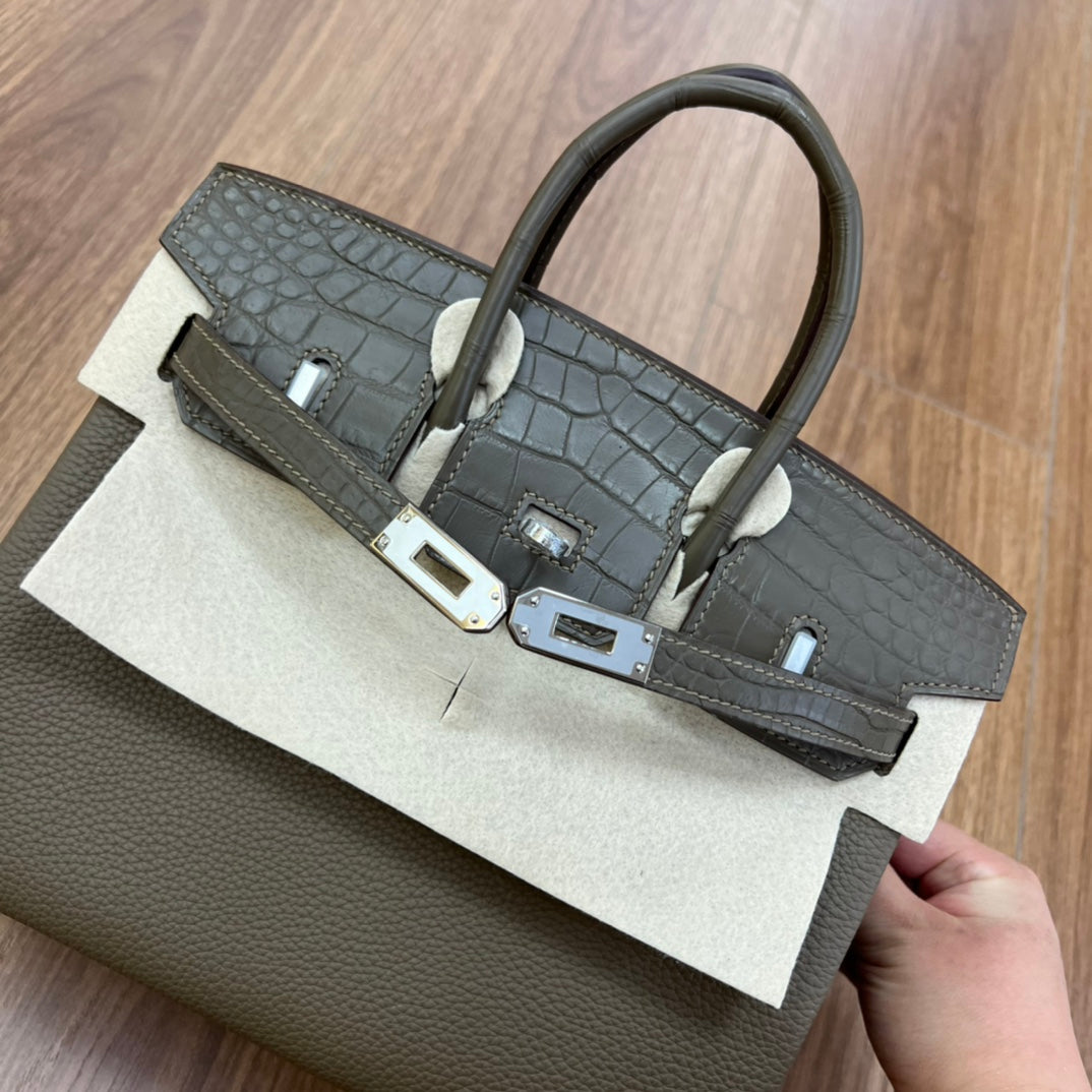 Luxury Two-Tone Leather Top Handle Handbag - Grey and Cream