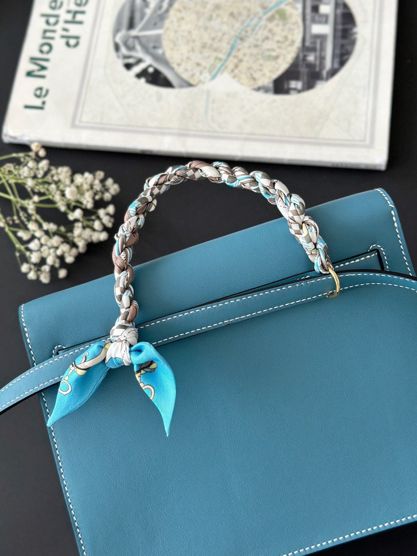 Luxury Blue Leather Top-Handle Handbag with Gold-Tone Hardware
