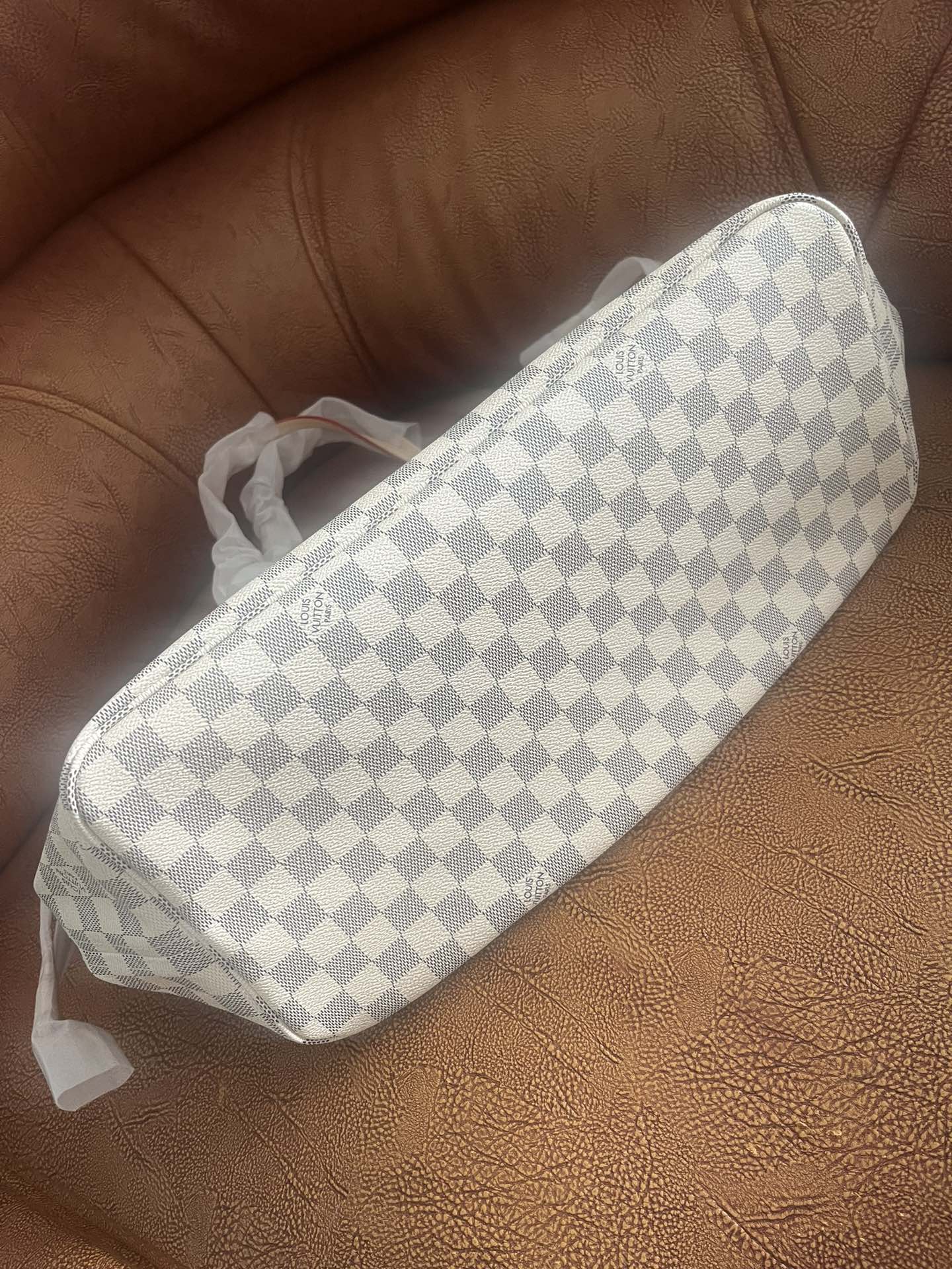 Checkered Canvas Tote Bag with Leather Trim - Large Shoulder Handbag - White and Grey