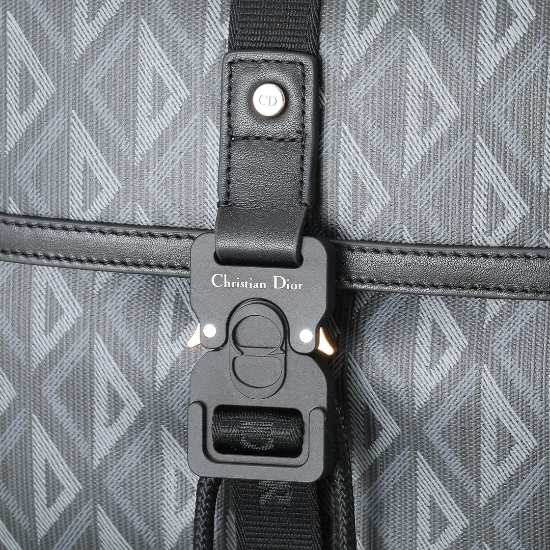 Dior Grey Geometric Diamond Print Flap Backpack with Buckle Strap