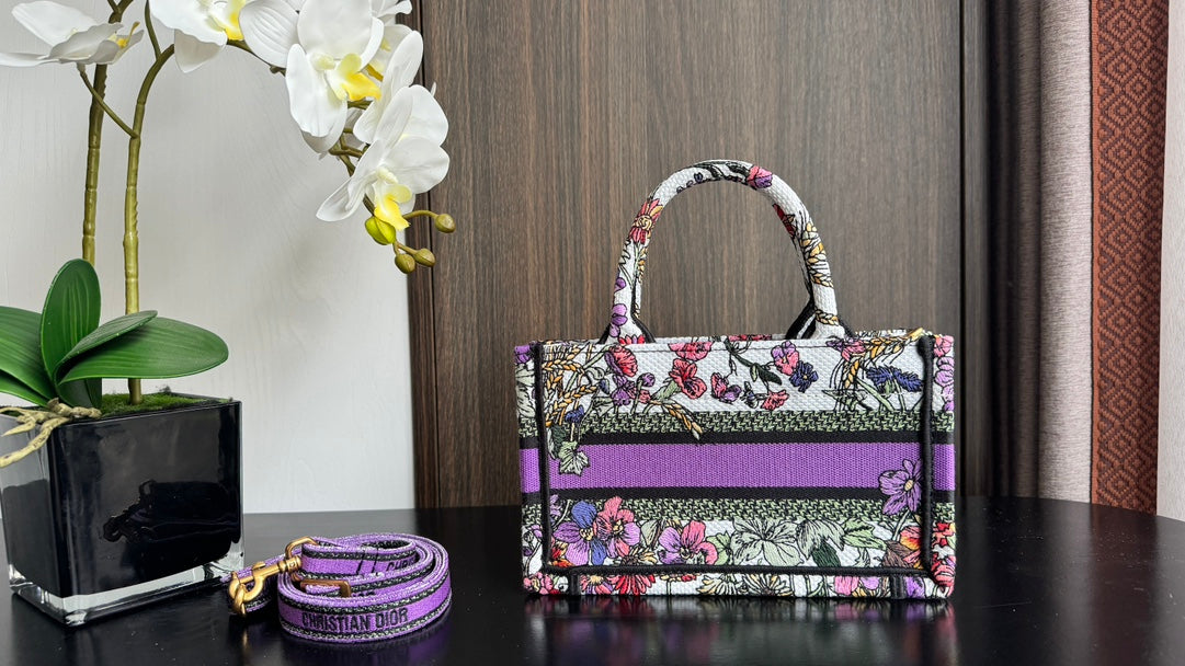 Dior Vintage Purple Floral Embroidered Canvas Mini Tote Bag