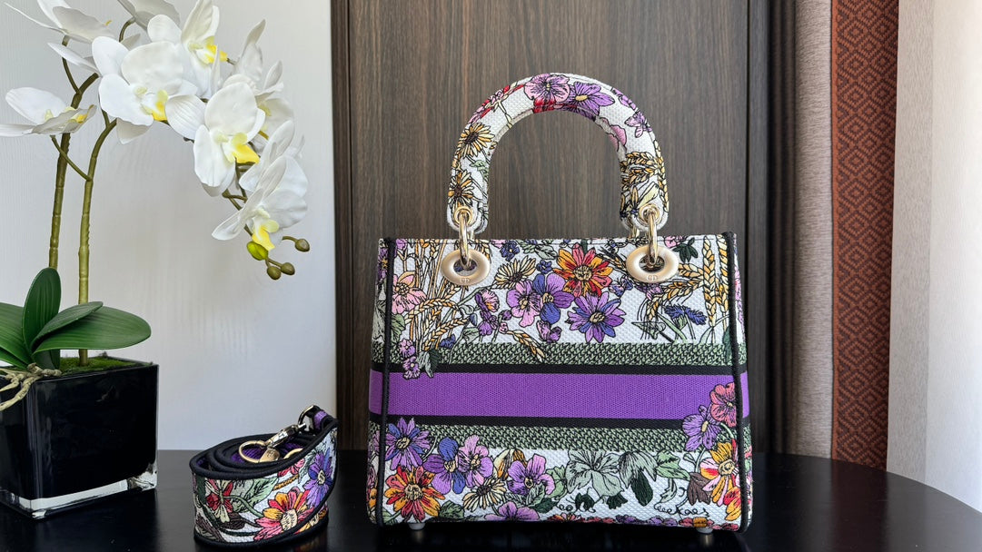 Christian Dior Lady D-Lite Bag with Floral Embroidery and Wide Shoulder Strap - Purple/Multicolor