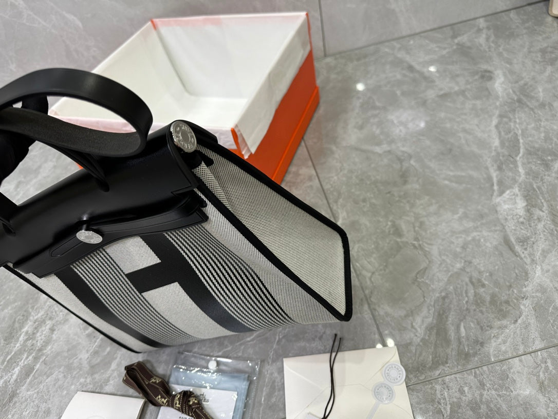 Luxury Canvas and Leather Top Handle Bag - Black and Grey H Pattern Crossbody