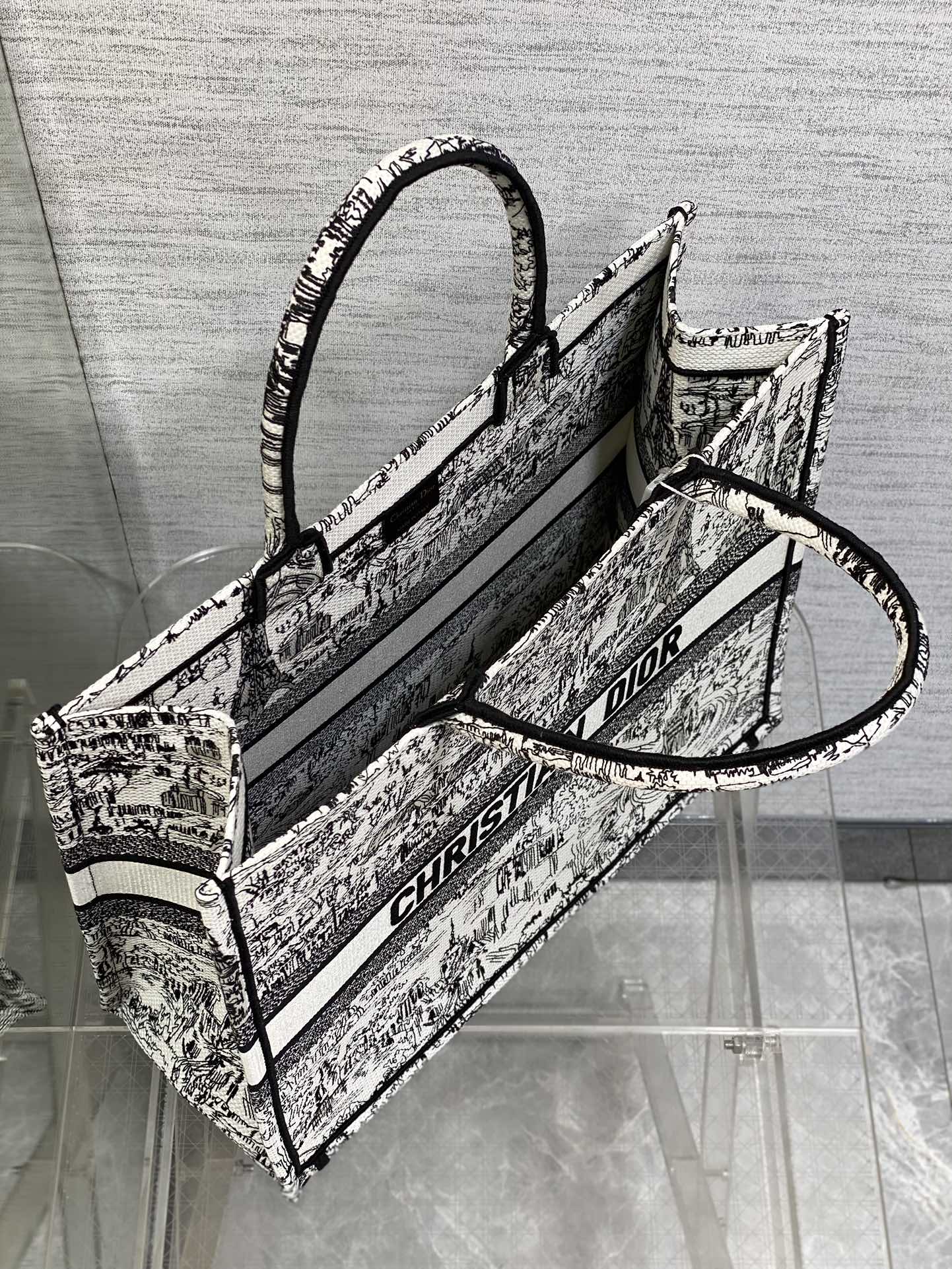 Christian Dior Book Tote Black and White Landscape Embroidery Handbag