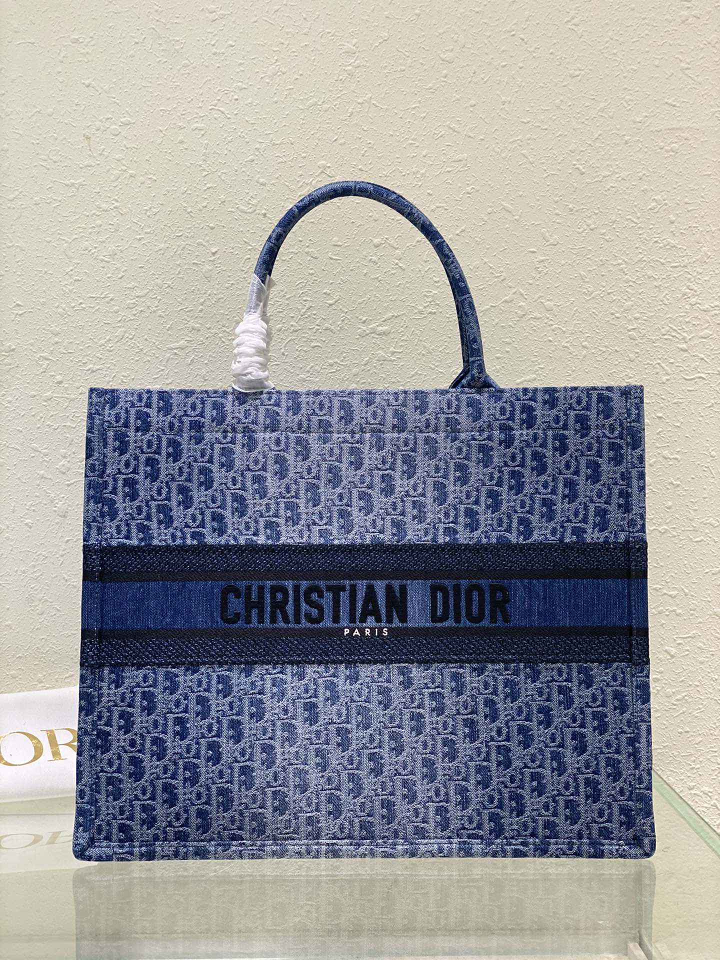 Christian Dior Blue Oblique Embroidery Medium Book Tote Bag