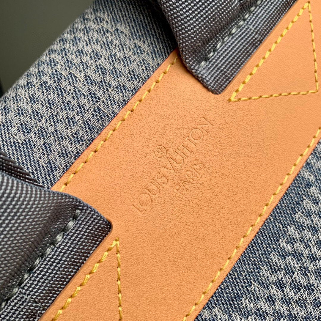 Louis Vuitton Vintage Blue Denim Checkered Backpack with Tan Leather Trim