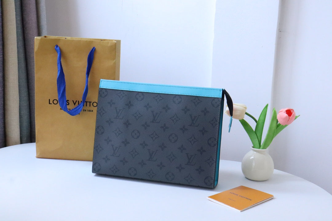 Designer Monogram Eclipse Pouch - Luxury Men's Zippered Clutch Bag with Blue Trim