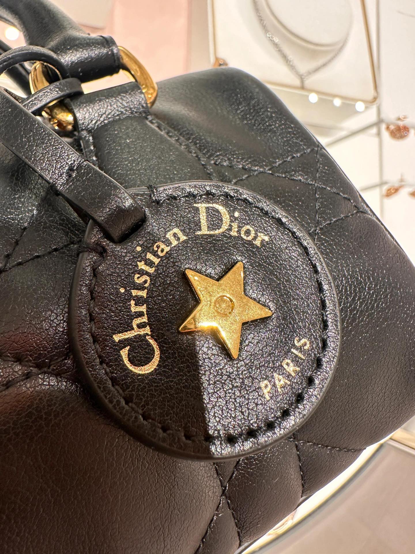 Dior Mini Black Quilted Leather Top Handle Bag with Gold Star Charm