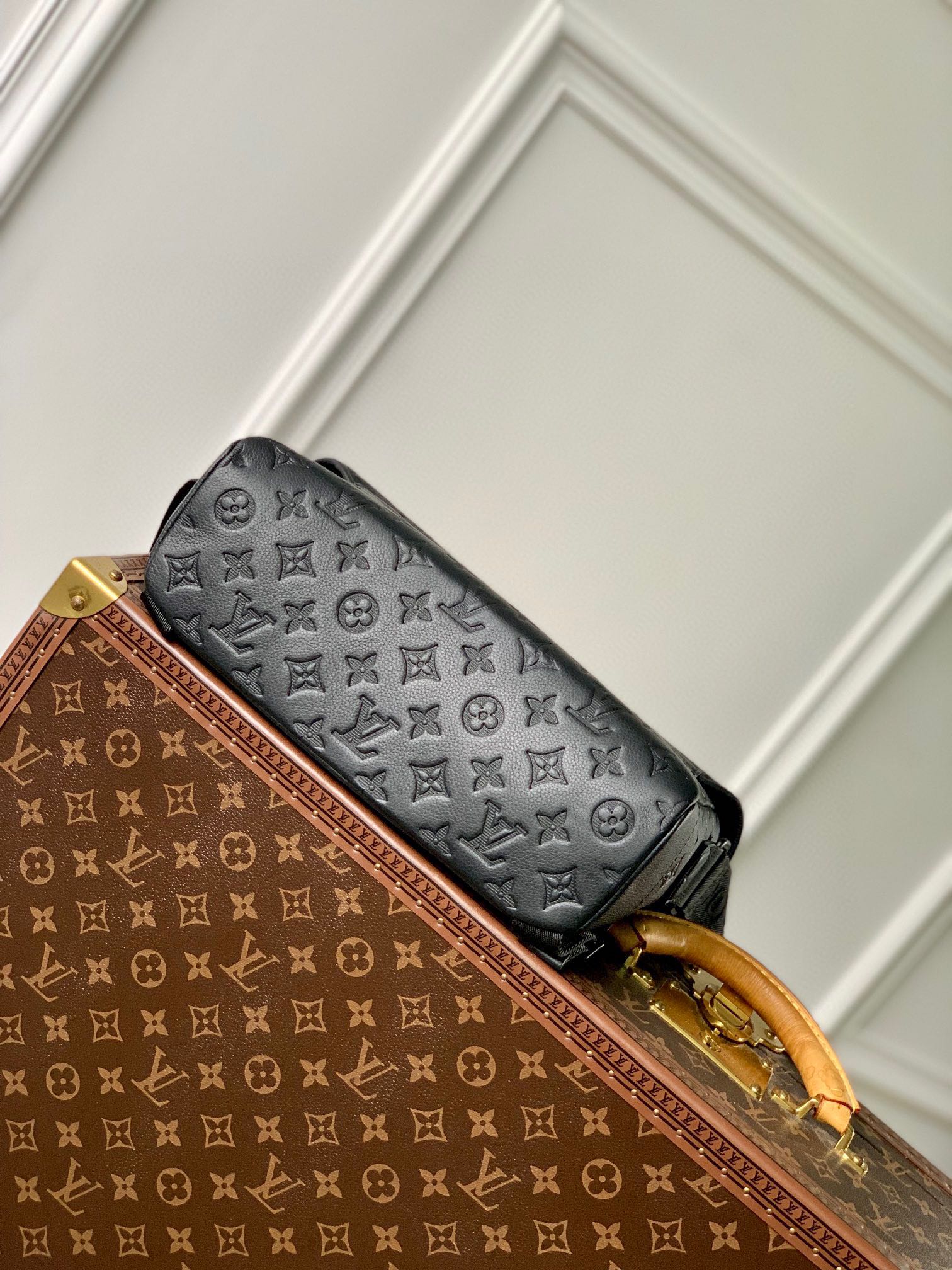 Louis Vuitton Black Embossed Monogram Leather Crossbody Messenger Bag