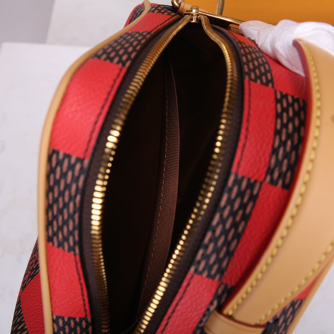 Louis Vuitton Red and Brown Checkerboard Diamond Shaped Crossbody Bag with Leather Trim