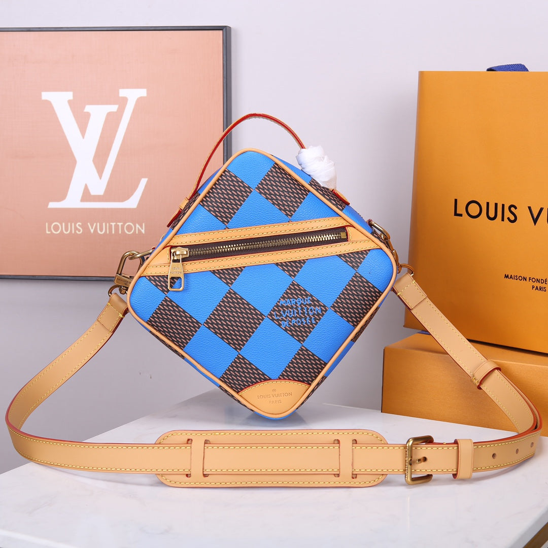 Louis Vuitton Blue and Brown Checkered Diamond Shaped Leather Crossbody Bag