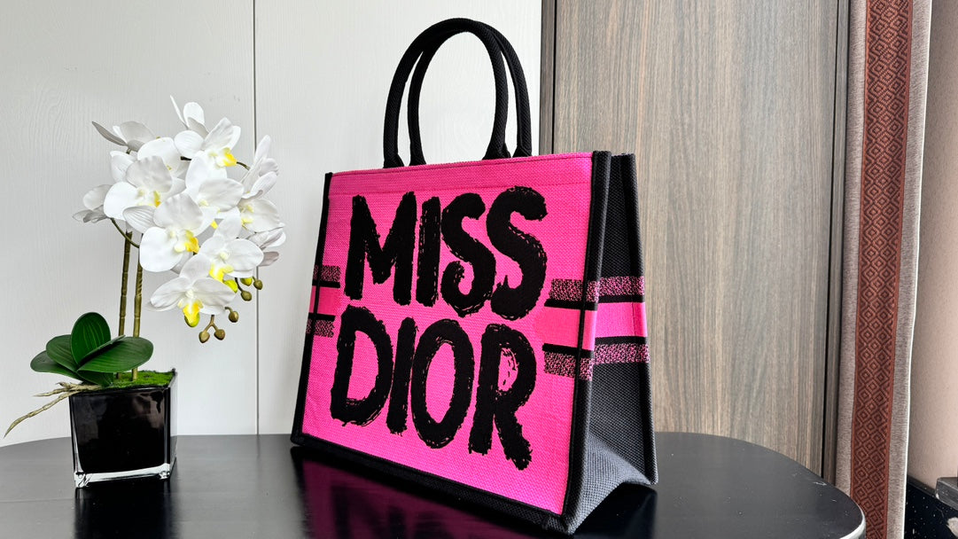 Dior Neon Pink Graffiti Print Square Tote Bag with Black Handles