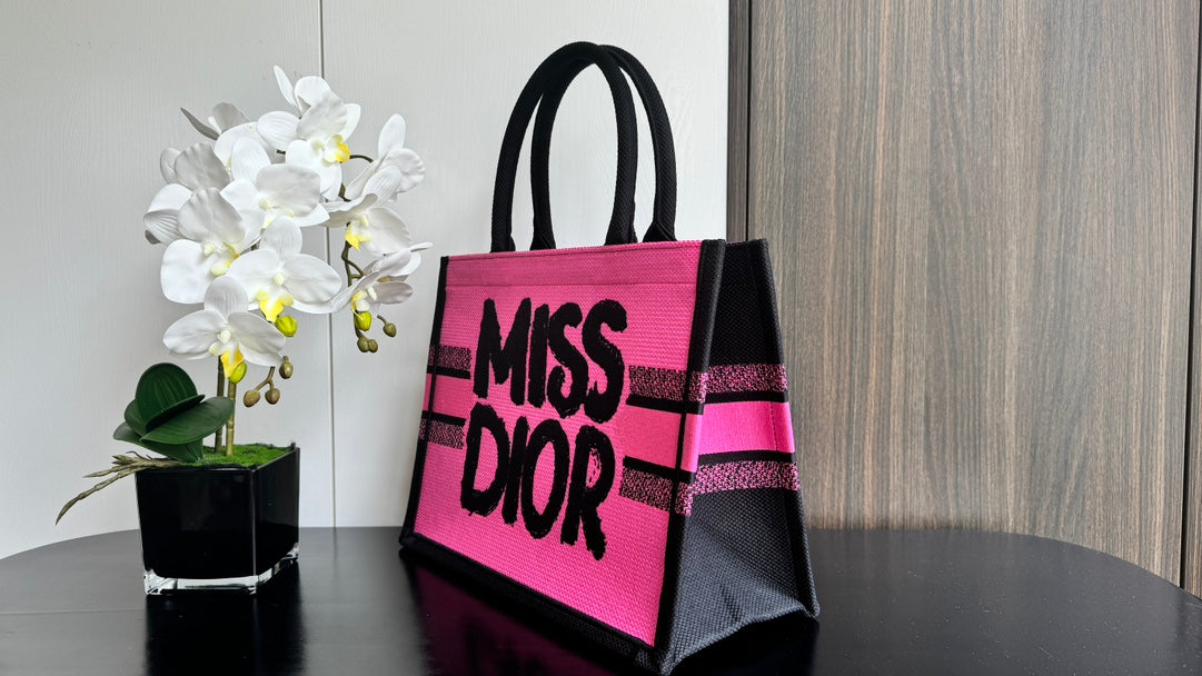 Dior Miss Dior Book Tote Pink Canvas Bag with Black Embroidery