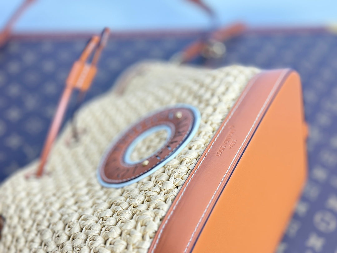Women's Woven Bucket Bag with Leather Trim and Adjustable Strap