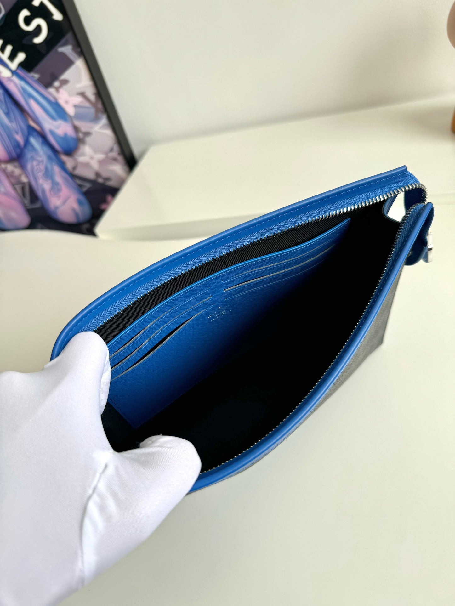 Louis Vuitton Modern Black and Grey Checkered Zipper Pouch with Blue Trim