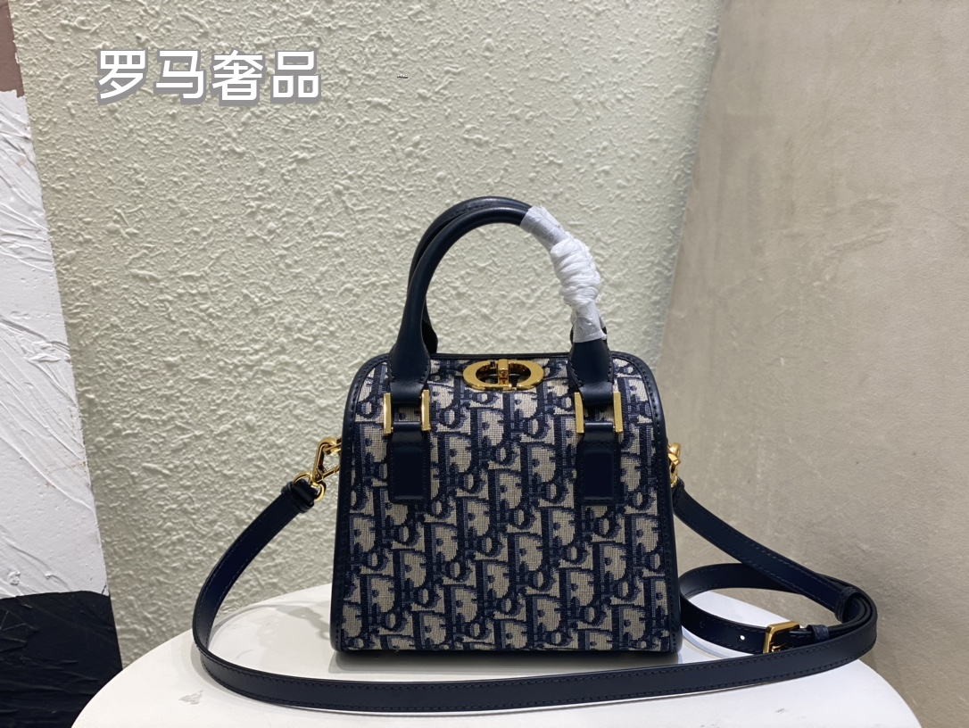 Christian Dior Blue Oblique Canvas Small Top Handle Bag