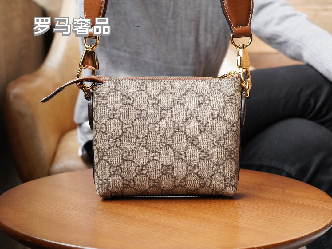 Gucci Classic Monogram Pattern Mini Crossbody Bag with Leather Strap