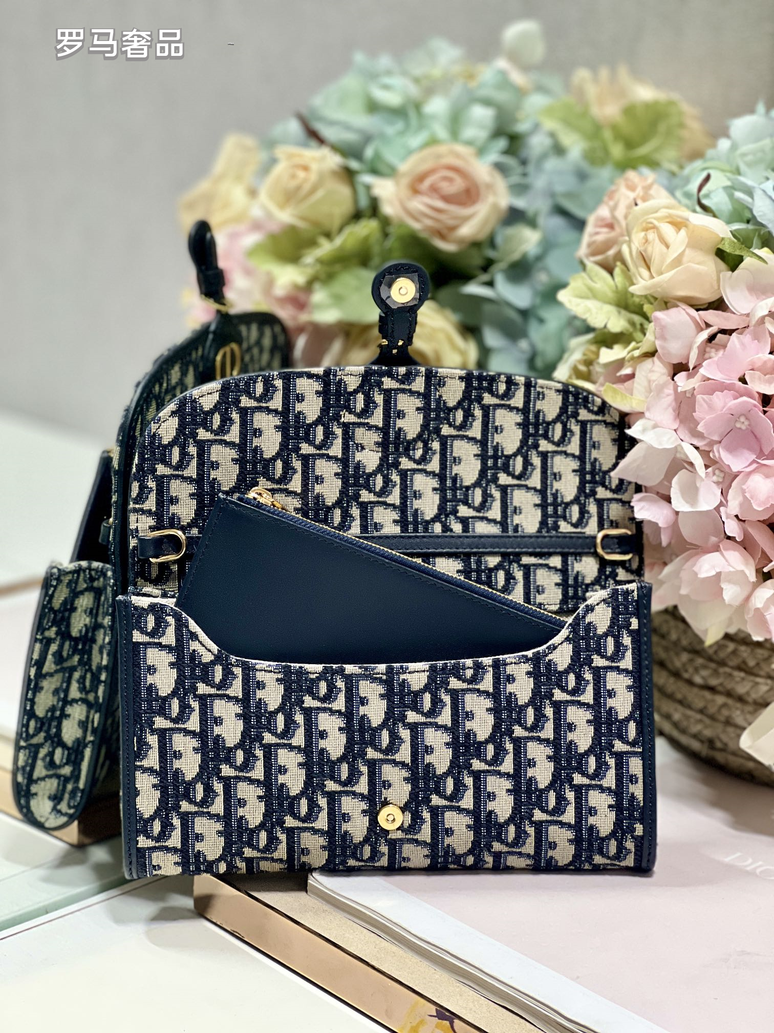 Dior Navy Blue Monogram Jacquard Wallet on Chain Crossbody Bag