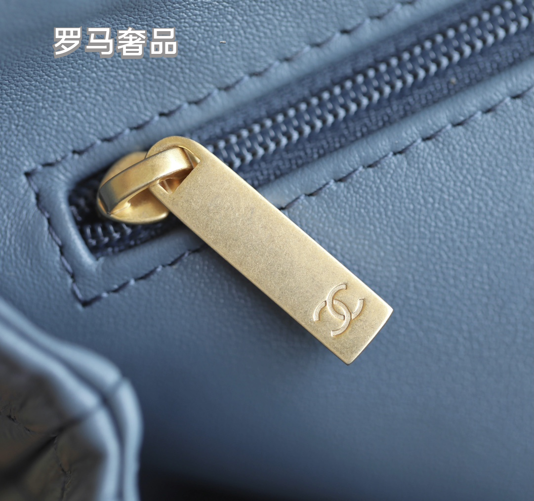 Chanel Quilted Leather Top Handle Flap Bag - Steel Blue with Gold Hardware