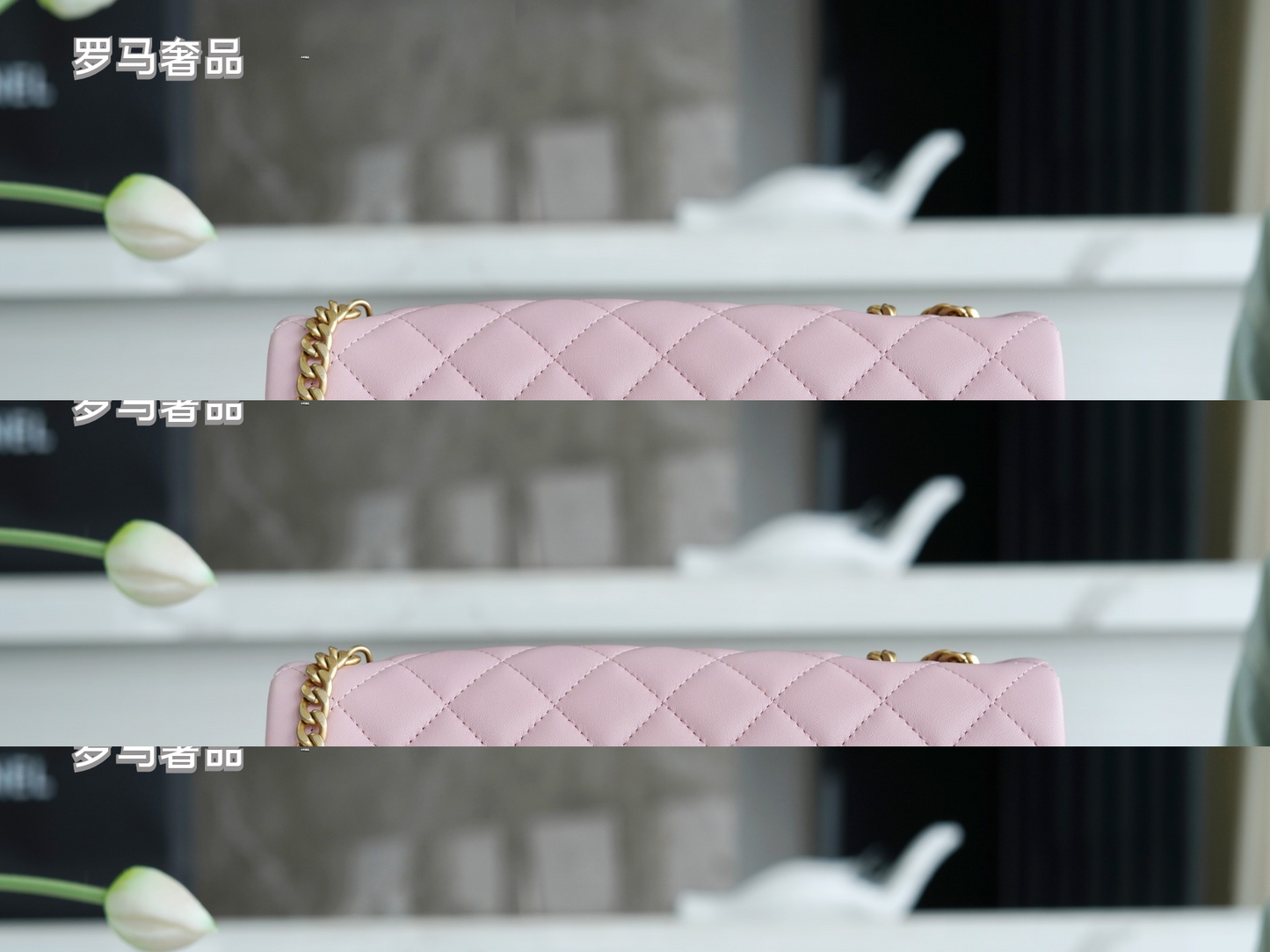 Pink Quilted Flap Bag with Gold-Tone Chain and Logo - Blue Tanzon