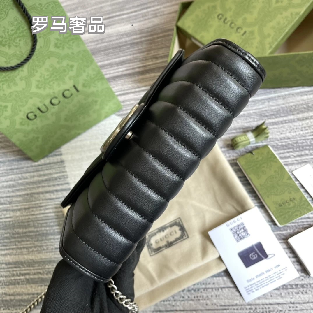 Gucci Black Quilted Leather Shoulder Bag with Silver Chain Strap