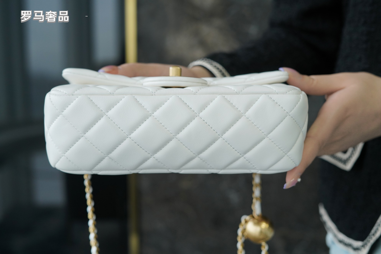 White Quilted Lambskin Mini Flap Bag with Gold-Tone Hardware