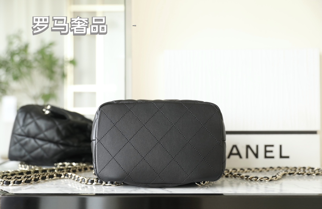 Chanel-Style Quilted Black Leather Bucket Bag with Silver Chain Strap