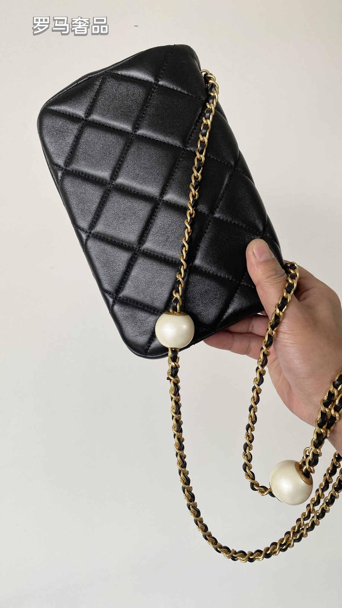 Chanel Quilted Lambskin Mini Flap Bag with Pearl Crush Chain - Black Gold Hardware