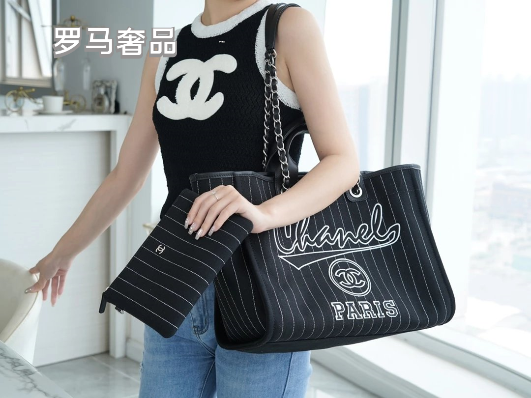 Chanel Pinstripe Canvas Deauville Tote Bag with Matching Pouch - Black/White