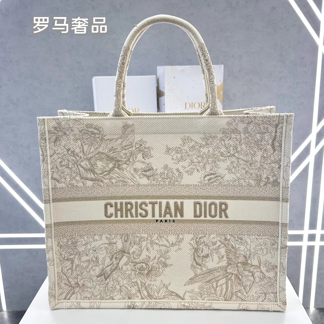 Dior Beige Embroidered Canvas Tote Bag Floral Tapestry Large Handbag