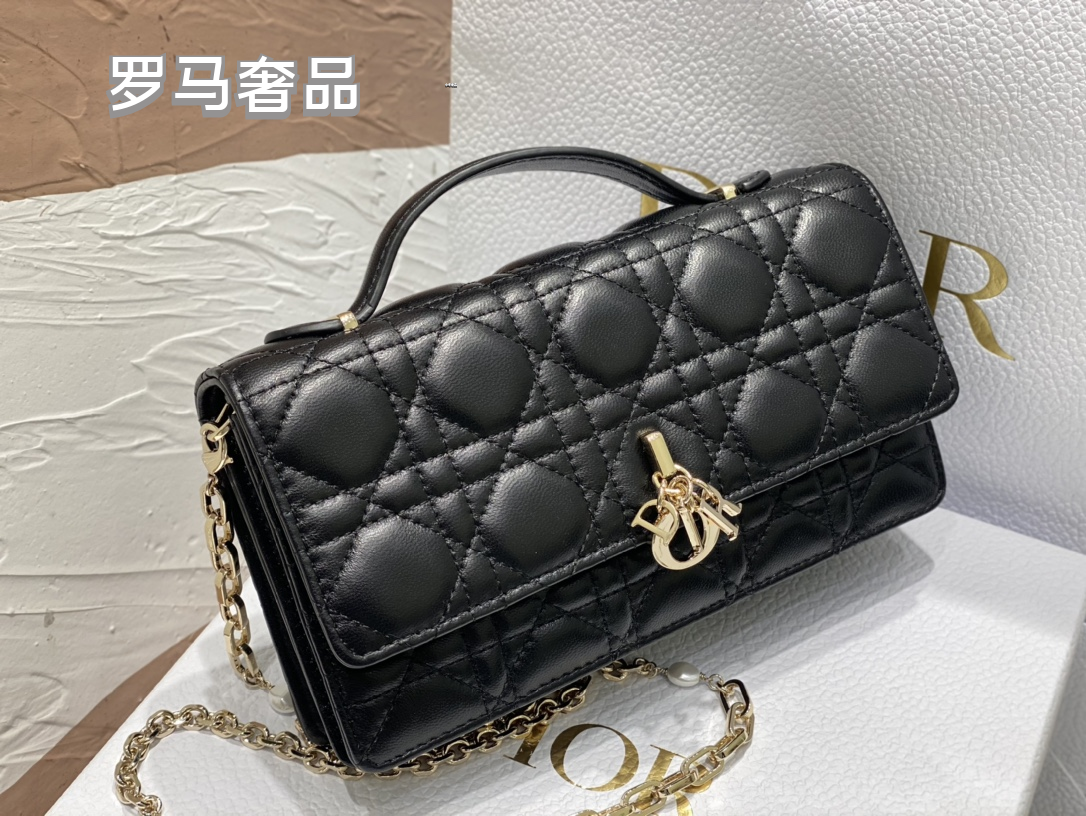 Dior Black Quilted Leather Top Handle Shoulder Bag with Gold Chain